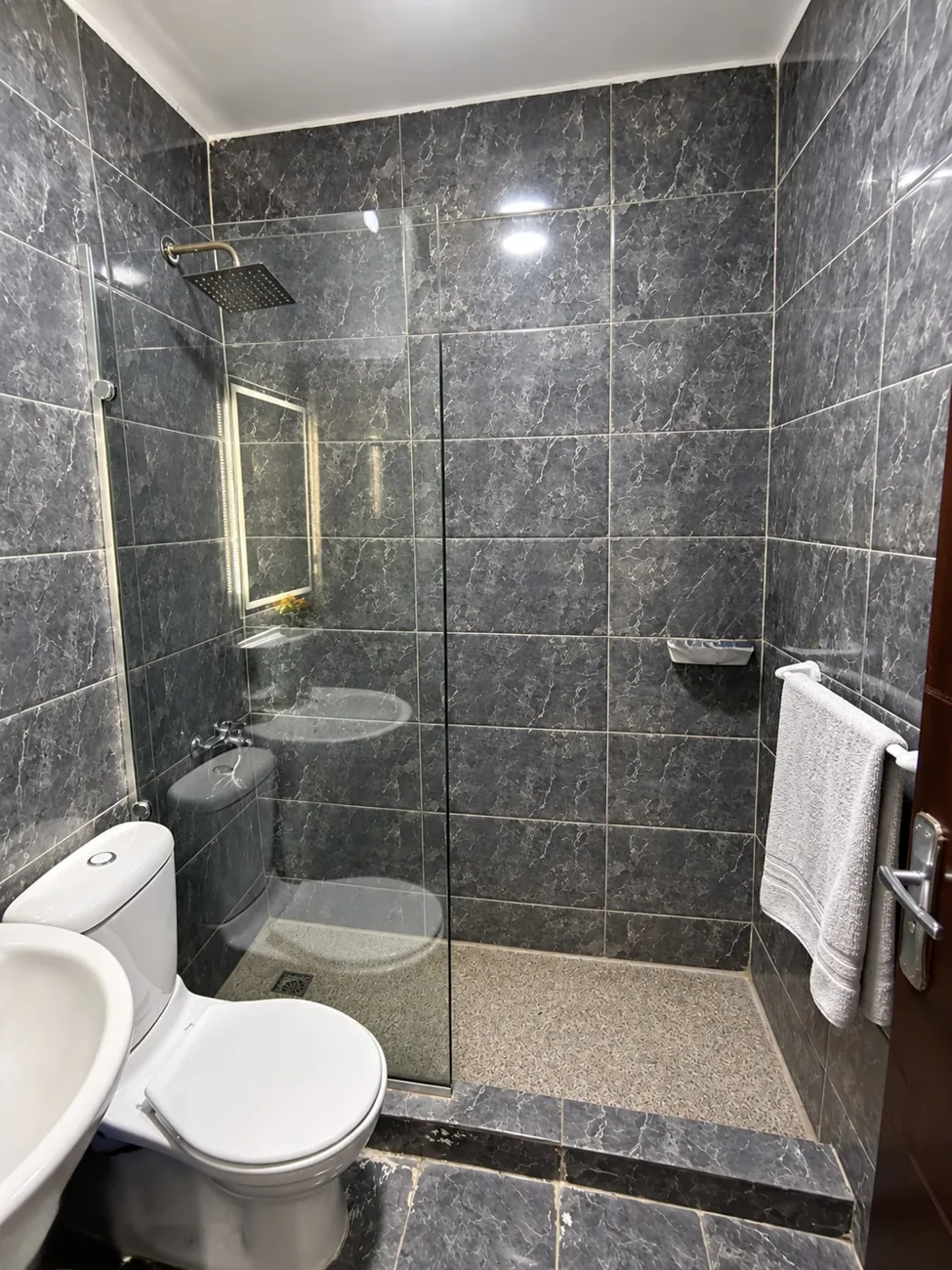 Bathroom with walk in glass shower, rain shower head and dark marble effect tiles