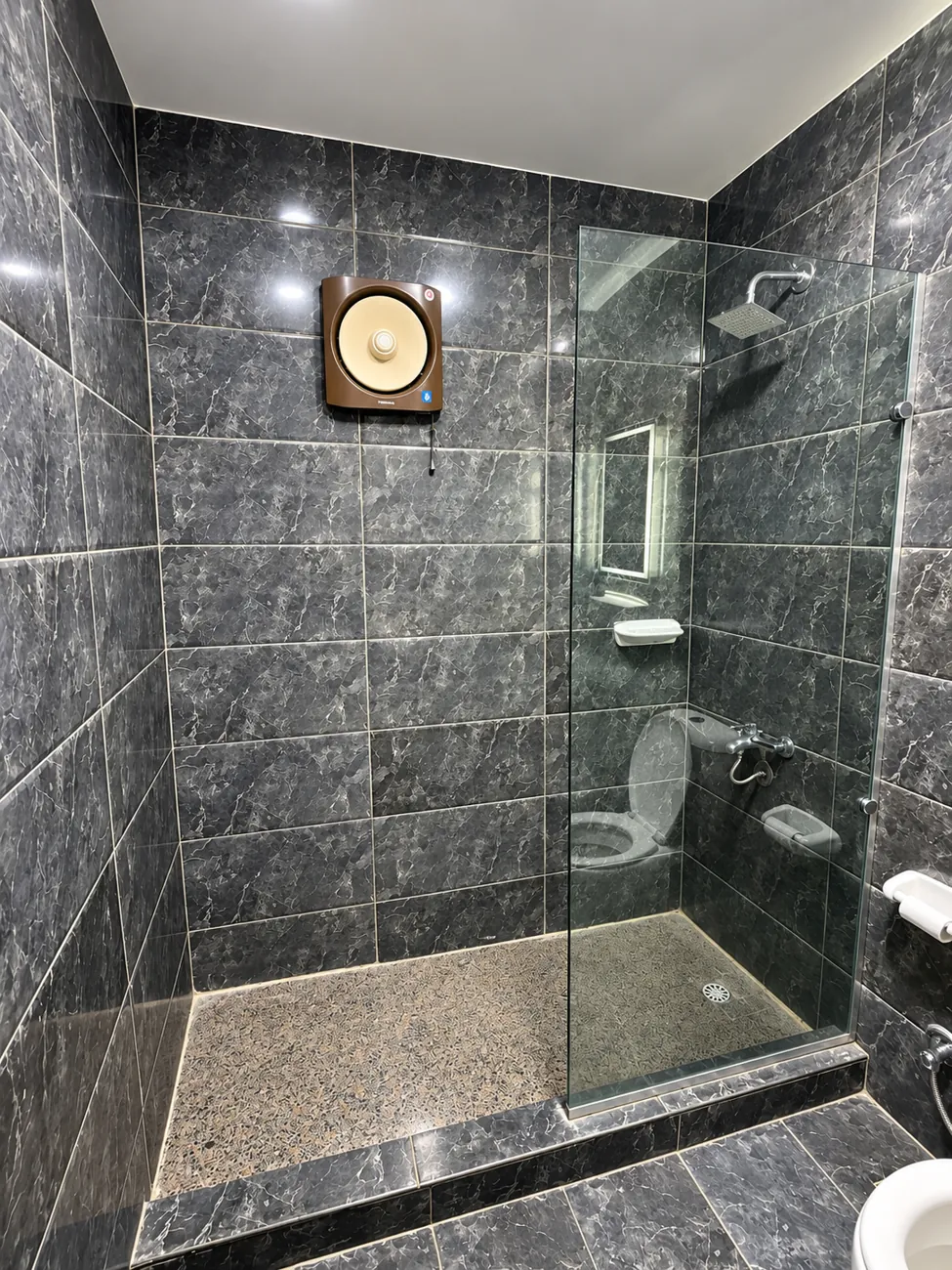 Bathroom of room 206 with walk in glass shower, rain shower head and dark marble effect tiles